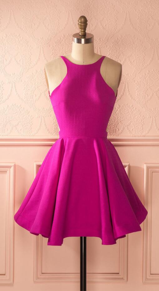 Halter Sleeveless Satin Homecoming Dresses Zariah A Line Fuchsia Backless Sexy Short Pleated