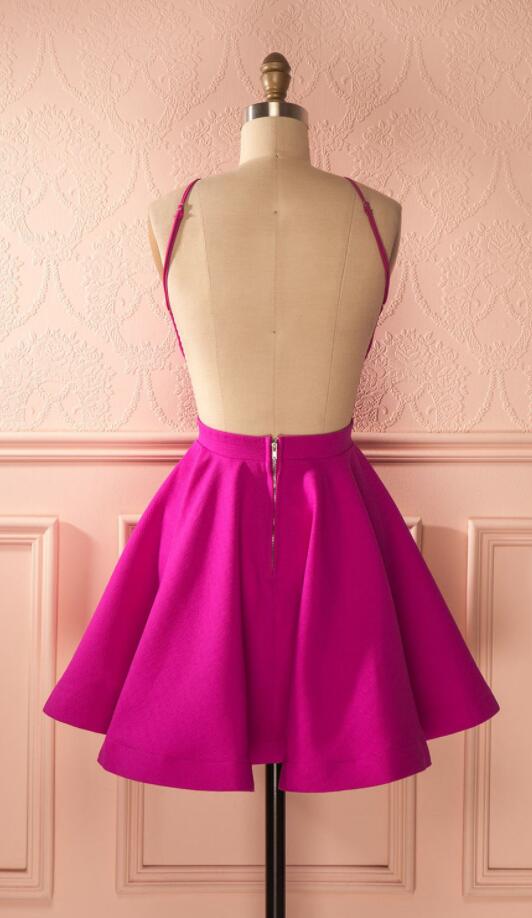 Halter Sleeveless Satin Homecoming Dresses Zariah A Line Fuchsia Backless Sexy Short Pleated