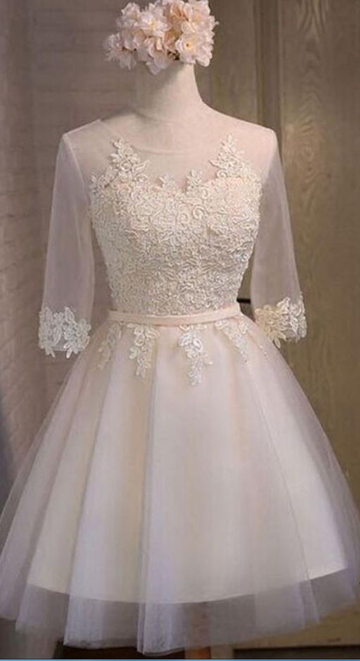 Half Sleeve Sheer Scoop Appliques Tulle Cut A Line Homecoming Dresses Ivory Addyson Lace Out Pleated Up