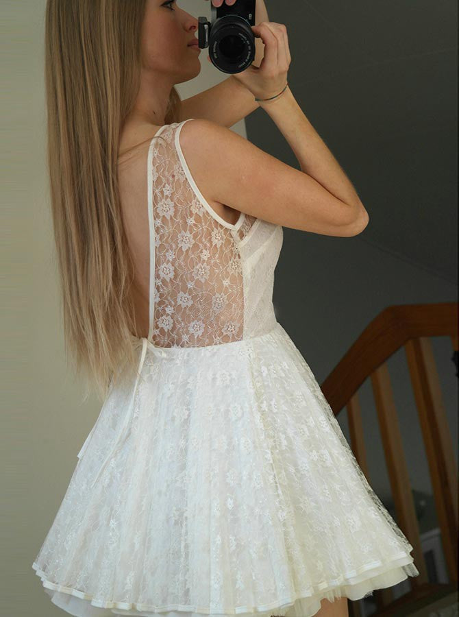 Bateau Backless Nyasia Homecoming Dresses Lace A Line Sheer Sleeveless White Pleated Mini