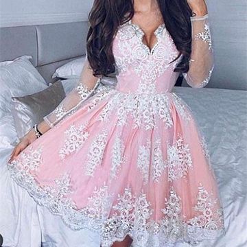 Long Sleeve Ball Gown Pleated Deep V Lace Pink Homecoming Dresses Aleah Neck Sheer Flowers Mini