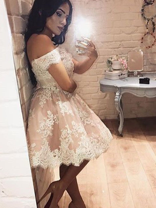 Off Shoulder Flowers Sexy Lauryn Lace Ivory Homecoming Dresses A Line Elegant Pleated Knee Length