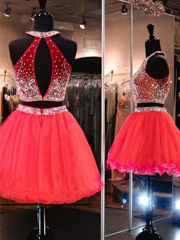 Sleeveless Pleated Organza Red Halter Rhinestone A Line Homecoming Dresses Two Pieces Tatum Backless