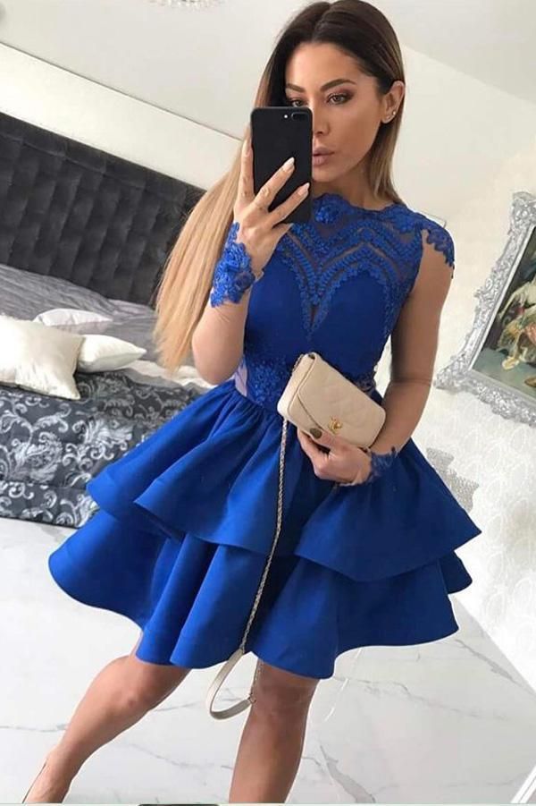 Eve Homecoming Dresses Royal Blue Lace Satin Jewel Long Sleeve Appliques Tiered Short