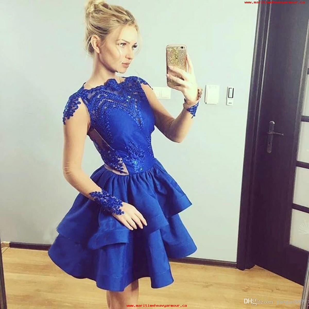 Eve Homecoming Dresses Royal Blue Lace Satin Jewel Long Sleeve Appliques Tiered Short