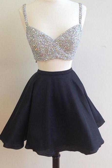 V Neck Sleeveless Rhinestone Chiffon Two Pieces A Line Izabella Homecoming Dresses Sparkle Pleated