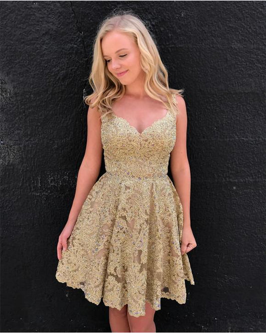 Gold V Neck Sleeveless Melinda Lace Homecoming Dresses A Line Appliques Pleated Flowers Backless