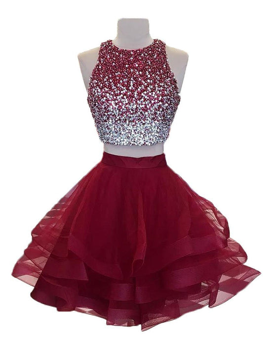 Jewel Sleeveless Rhinestone Two Pieces Jaylynn Homecoming Dresses A Line Organza Ruffles Backless