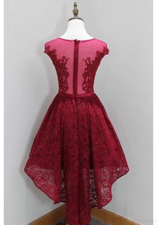 Cap Sleeve Scoop Sheer Pleated Burgundy High Hana A Line Lace Homecoming Dresses Low Flowers