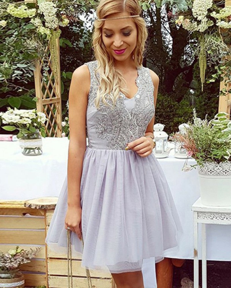 Sleeveless Tulle Appliques V A Line Michaelia Homecoming Dresses Neck Grey Pleated Short