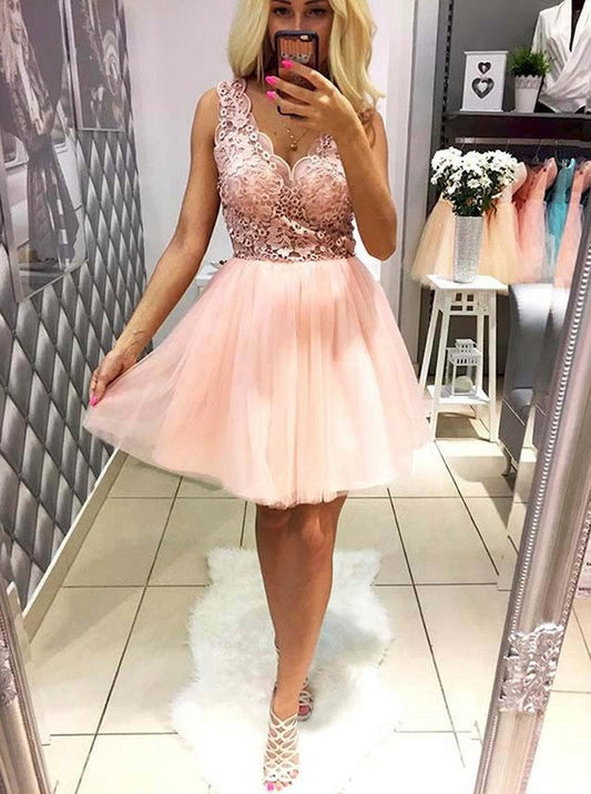 Sleeveless Peach Deep Claudia Homecoming Dresses Lace A Line V Neck Appliques Flowers Tulle Pleated