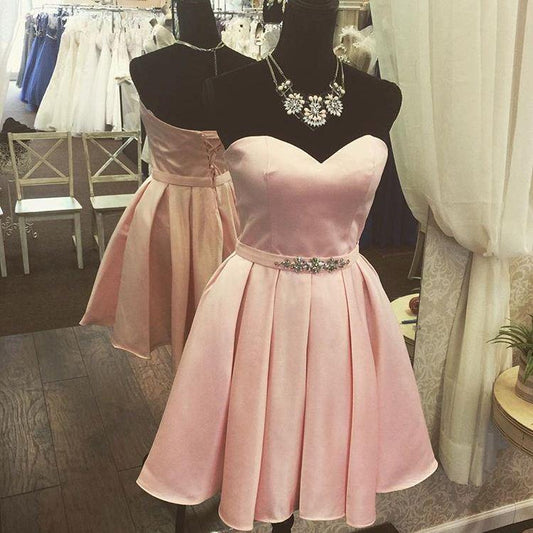 Strapless Clara Lace A Line Pink Satin Homecoming Dresses Sweetheart Backless Pleated Rhinestone Up