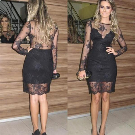 Sexy Black Long Sleeve Sheath Sheer Back Flowers Callie Homecoming Dresses Lace See Through