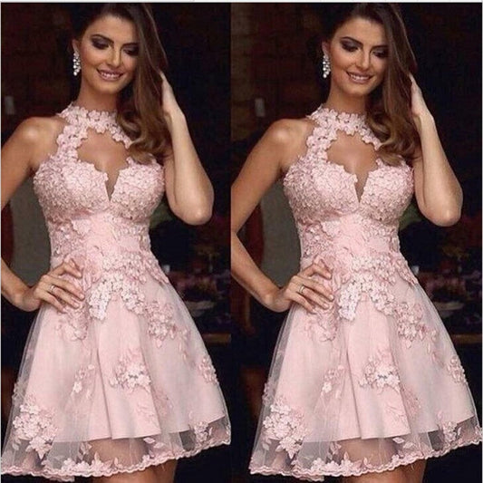 Halter Sleeveless Cut Out Lace A Line Homecoming Dresses Gill Pink Appliques Flowers Pleated