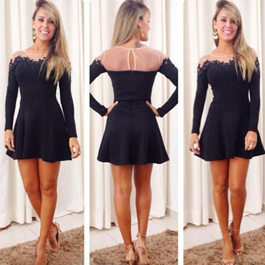 Scoop Long Sleeve Satin A Line Homecoming Dresses Adelaide Sheer Black Pleated Short Cut Out Appliques