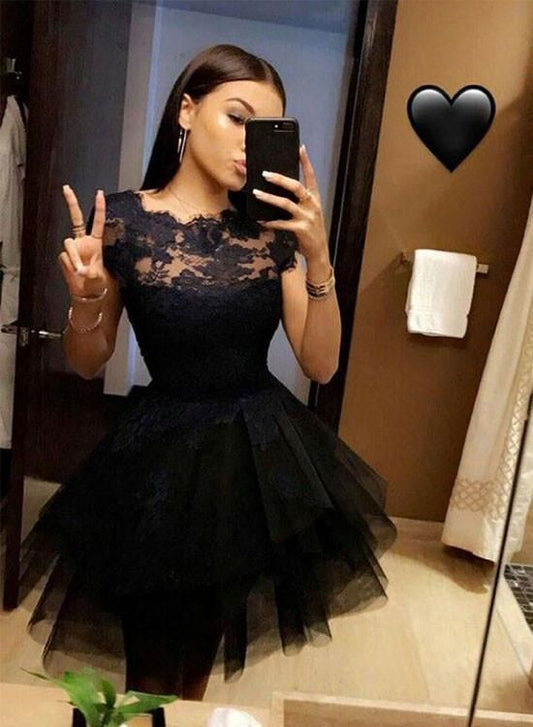 Short Sleeve A Line Homecoming Dresses Lace Kaley Jewel Tulle Pleated Appliques Sheer