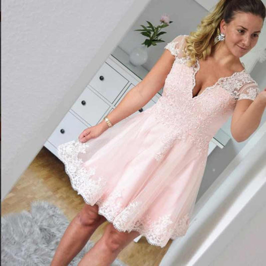 Cap Sleeve Deep Pink Eleanor A Line Lace Homecoming Dresses V Neck Sheer Pleated