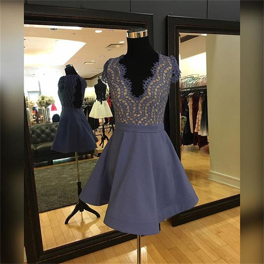 Cap Sleeve Deep V Neck Backless Lavender Lace Homecoming Dresses A Line Satin Karsyn Pleated