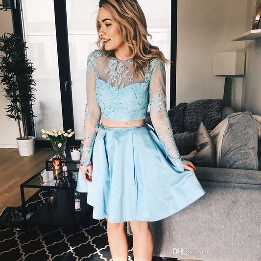 Long Sleeve Jewel Appliques Sheer Two Pieces Lace Ellen Satin Homecoming Dresses A Line Light Blue