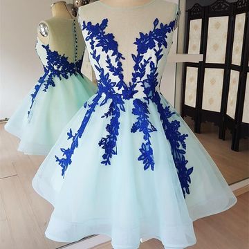 Blue Scoop Homecoming Dresses Lace A Line Natalya Sleeveless Sheer Back Appliques Tulle