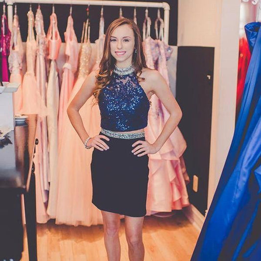 Halter Homecoming Dresses Two Pieces Selena Sheath Sequins Dark Navy Appliques Rhinestone Sleeveless