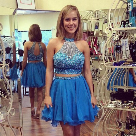 Backless Halter Homecoming Dresses A Line Claudia Two Pieces Sleeveless Beading Organza Blue