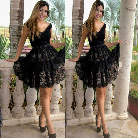 Black Off Shoulder V Neck Flowers Alondra Homecoming Dresses Lace A Line Elegant Sexy