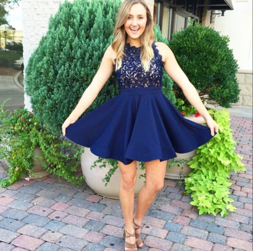 Dark Satin Kaley Lace A Line Homecoming Dresses Navy Appliques Sleeveless Halter Pleated