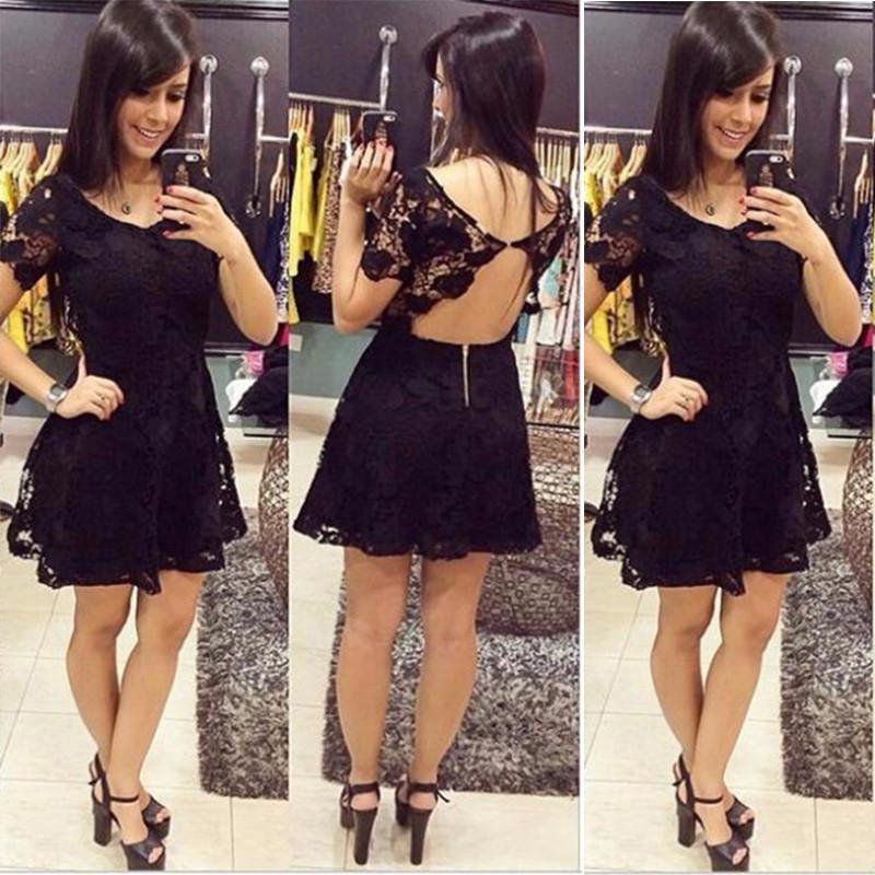 Backless Scoop Black Short Sleeve Sexy Homecoming Dresses Lace Mallory A Line Flowers Pleated