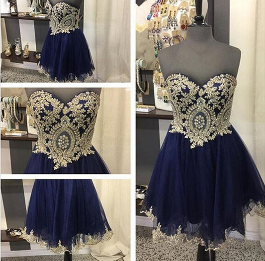 Strapless Lace Ava Homecoming Dresses A Line Sweetheart Dark Navy Tulle Appliques Exquisite