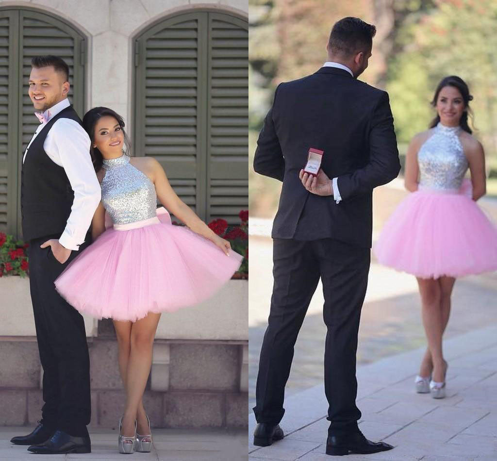 Ball Gown Halter Sleeveless Cute Pink Homecoming Dresses Paisley Short Tulle Beading