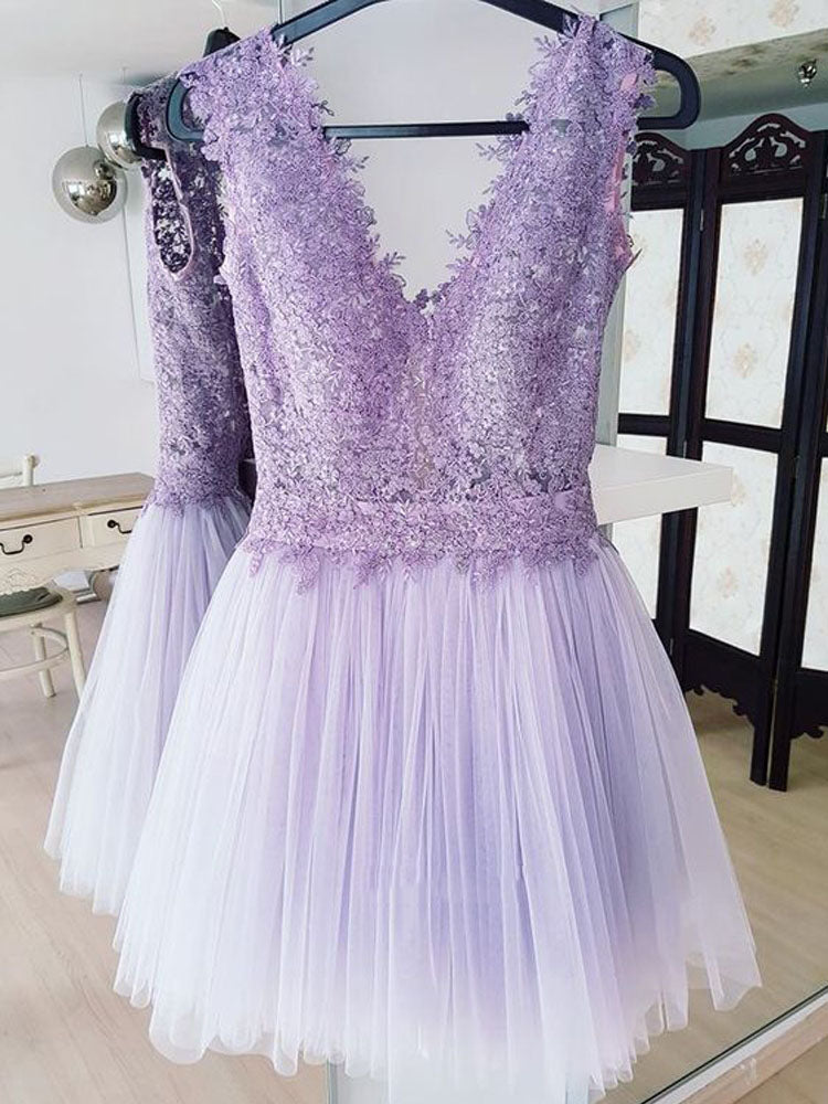 Deep V Neck Lavender Tulle Pleated Monique A Line Lace Homecoming Dresses Sleeveless Backless