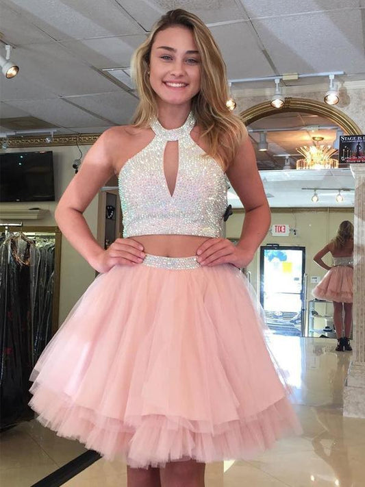 Halter Sleeveless Cut Out Pleated Tulle A Line Homecoming Dresses Two Pieces Alanna Pink Beading