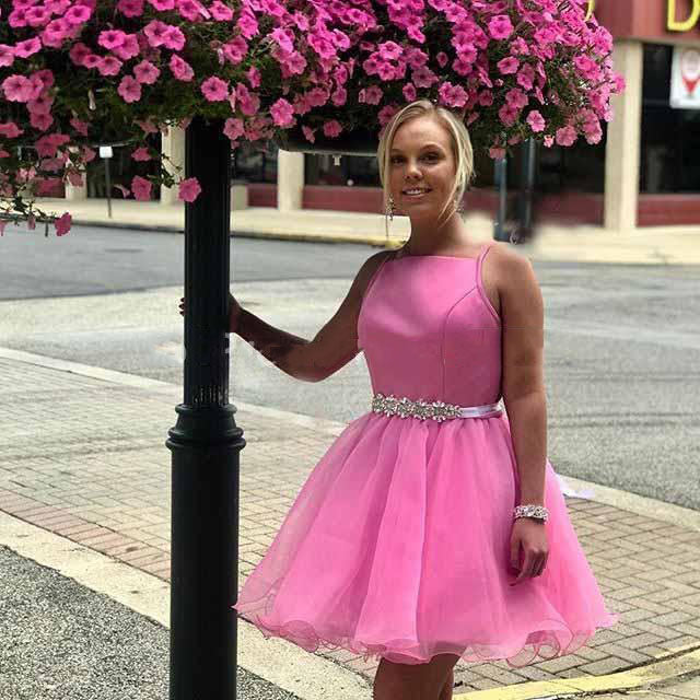 Straps Organza Rhinestone Pleated Short Homecoming Dresses Jocelynn Pink A Line Cute