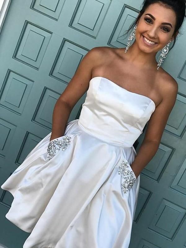 Strapless Sleeveless A Line Satin Homecoming Dresses Ivory Lea Pleated Rhinestone Short