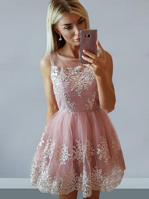 Appliques Sleeveless Sheer Straps A Line Lace Pink Makenzie Homecoming Dresses Scoop Pleated