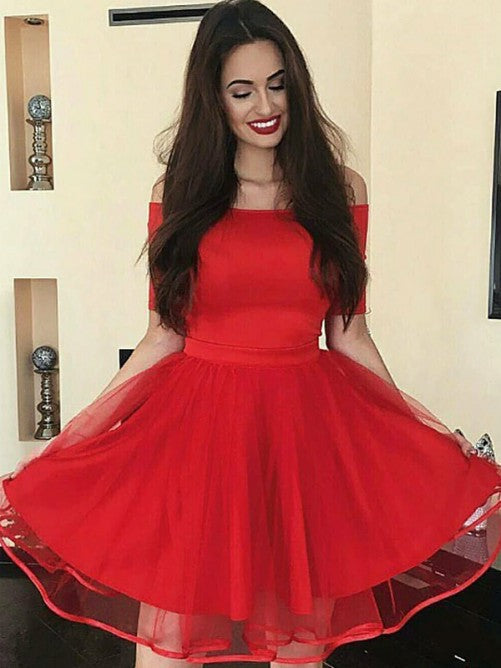 Gia A Line Homecoming Dresses Off The Shoulder Half Sleeve Pleated Organza Red Short