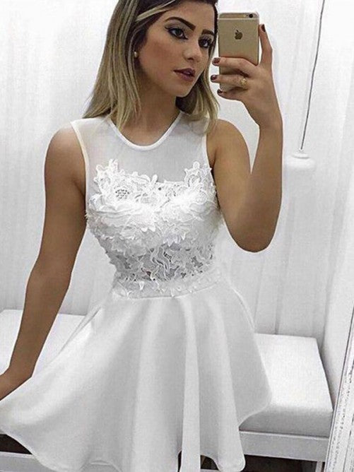 Jewel Appliques White Pleated Jane A Line Satin Homecoming Dresses Flowers Short