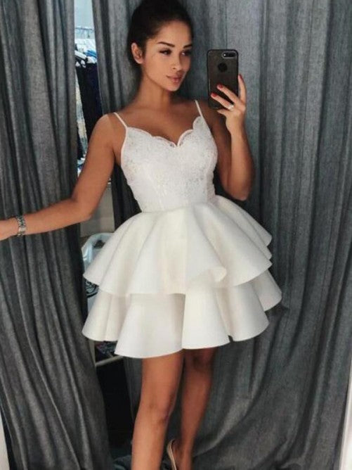 Ball Satin Ivory Amara Homecoming Dresses Lace Gown Tiered Pleated V Neck Spaghetti Straps Short