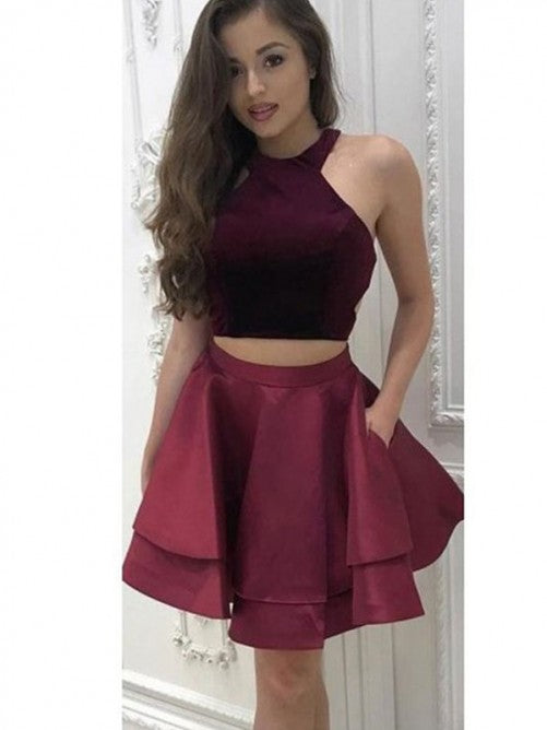 Halter Sleeveless Burgundy Pleated Tiered A Line Satin Two Pieces Homecoming Dresses Julissa Short