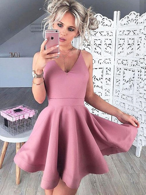 Dusty Rose Straps Shayna Homecoming Dresses Satin A Line V Neck Sleeveless Pleated Short