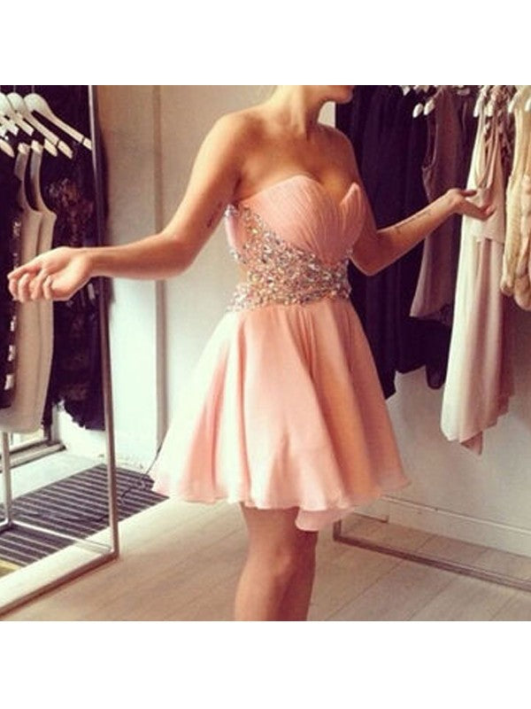 Rhinestone Strapless Homecoming Dresses Chiffon Nell A Line Sweetheart Peach Sexy Pleated Short