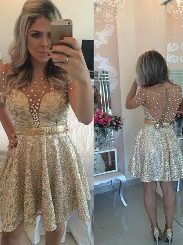 Jewel Short Sleeve Sheer Back Homecoming Dresses Emily A Line Button Sequins Sexy Short