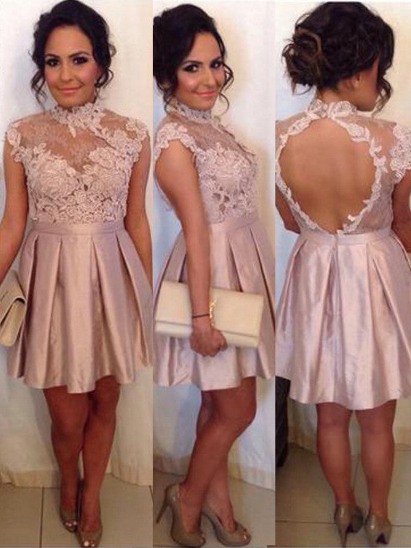 Appliques Sheer High Neck Backless Satin Naomi Lace Homecoming Dresses Cap Sleeve Dusty Rose