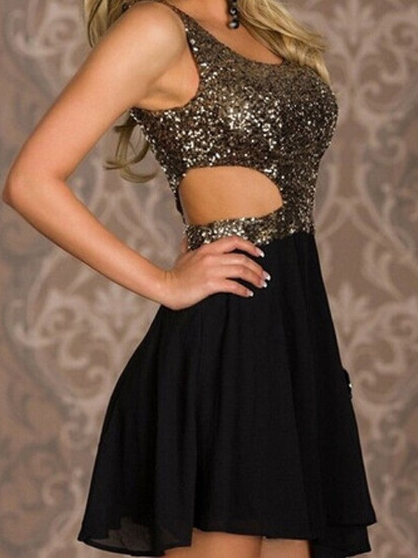 Scoop Sleeveless Cut Out Black Short Sexy A Line Homecoming Dresses Kinley Chiffon Sequins