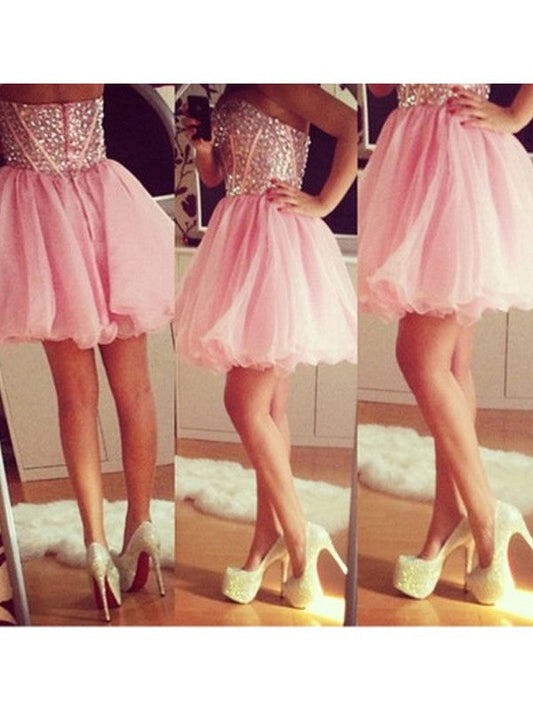 Organza Strapless Pink A Line Homecoming Dresses Lucille Sweetheart Pleated Backless Beading Short