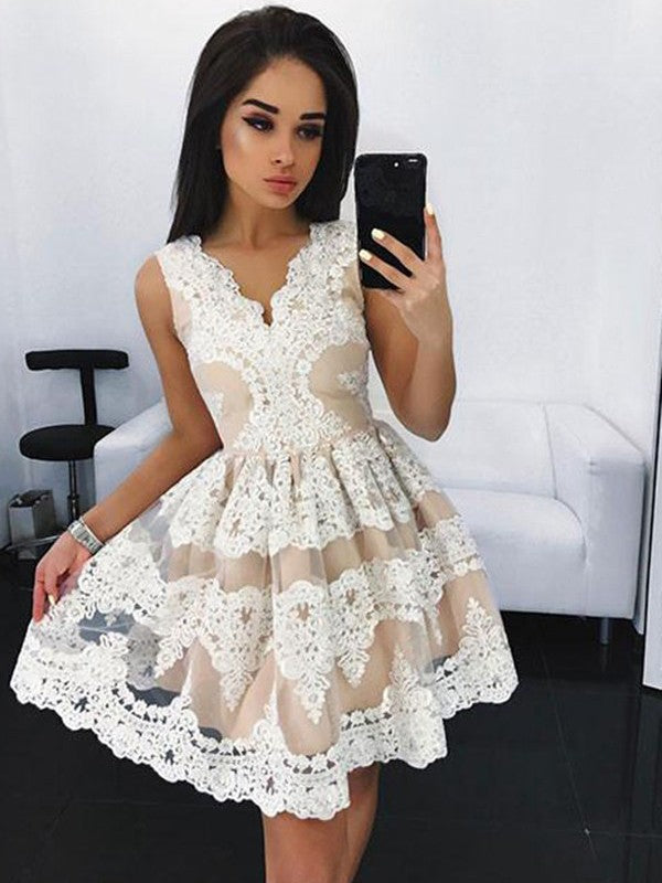 Sleeveless V Neck A Line Luna Ivory Lace Homecoming Dresses Flowers Appliques Pleated