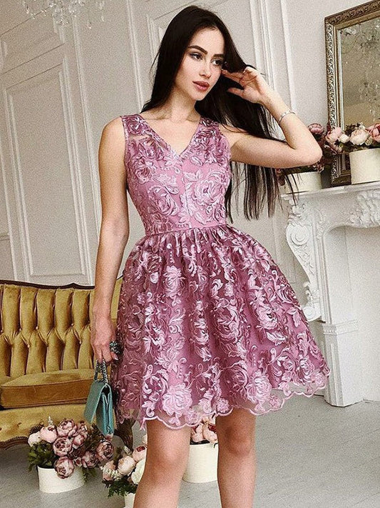 V Neck Sleeveless Teresa Lace Homecoming Dresses Pink Ball Gown Appliques Flowers