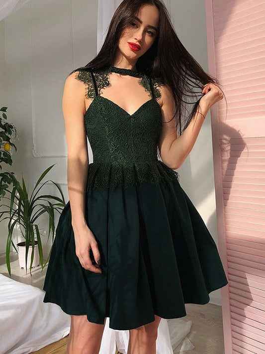 Sleeveless Pleated V Neck Satin Homecoming Dresses Lace Nell A Line Appliques Dark Green