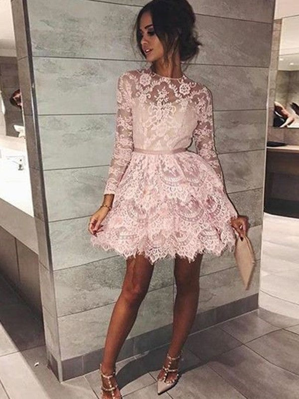 Lace Monserrat Homecoming Dresses A Line Pink Long Sleeve Jewel Tiered Short Flowers Sheer